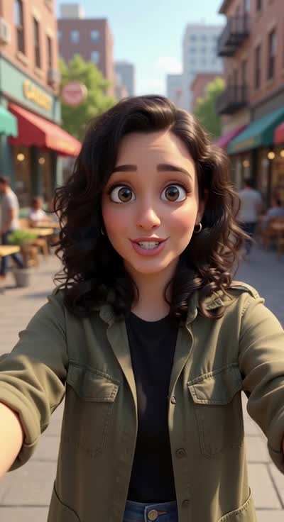 Character Studio clip: a stylized character talking to camera on a city street