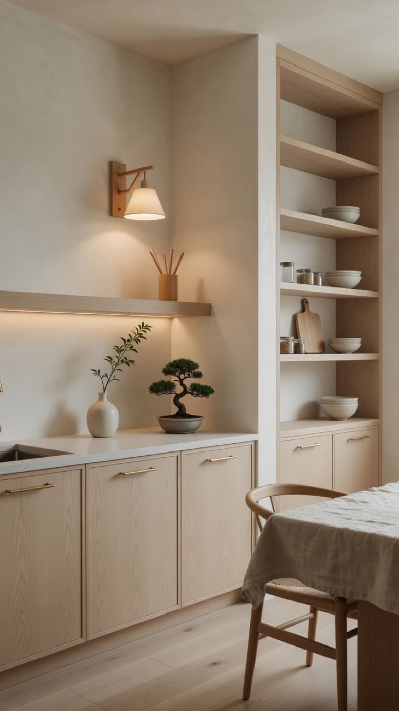 The same kitchen restyled Japandi by VisualizeAI, structure preserved